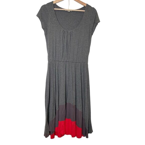 BODEN Napoli Elastic Waist Gray Red Scoop Neck Pleated Flare Dress Size 10L - Picture 1 of 13